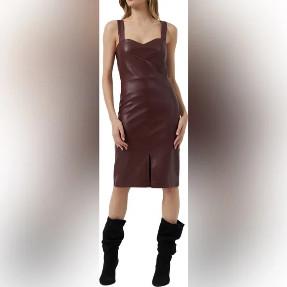 slim fit dress slacks Miss Circle Women's Shelby Dark Brown Faux Leather with Lace Mini Dress - Dark Brown